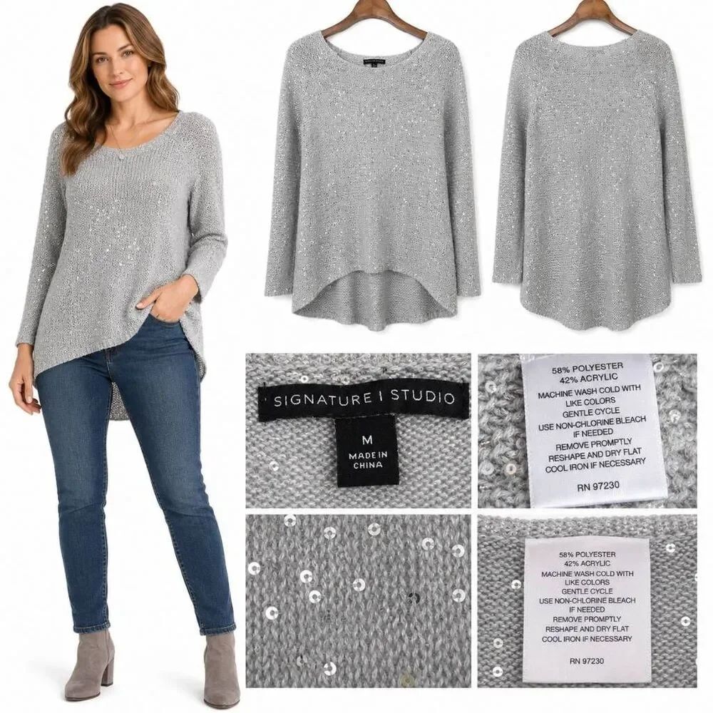 Signature Studio Sequin Knit Sweater Gray Medium